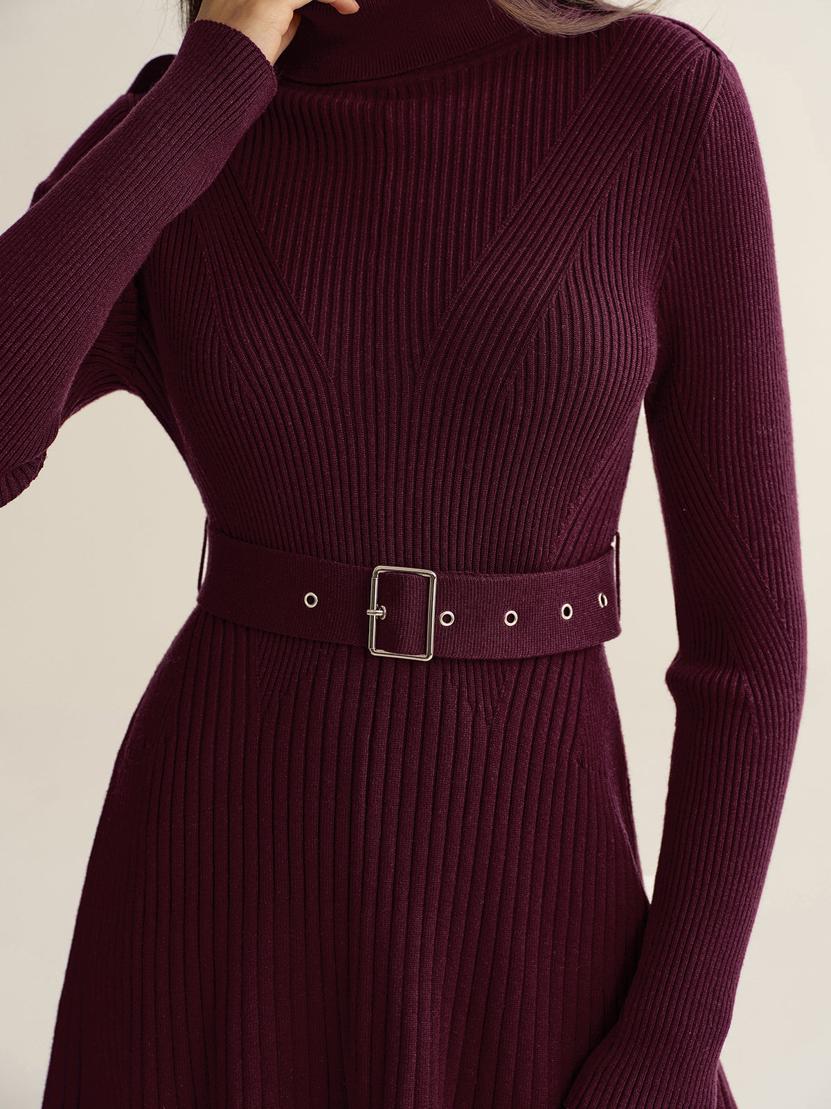 Belted Turtleneck Ribbed Knit Mini Dress Women's Winter Fashion