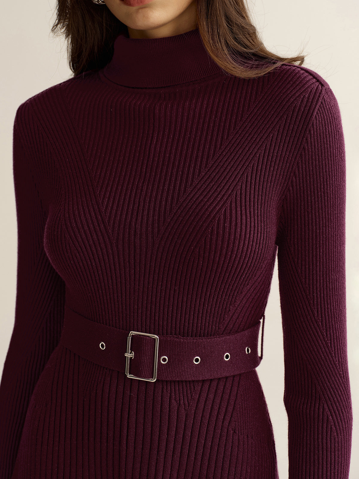Belted Turtleneck Ribbed Knit Mini Dress Women's Winter Fashion