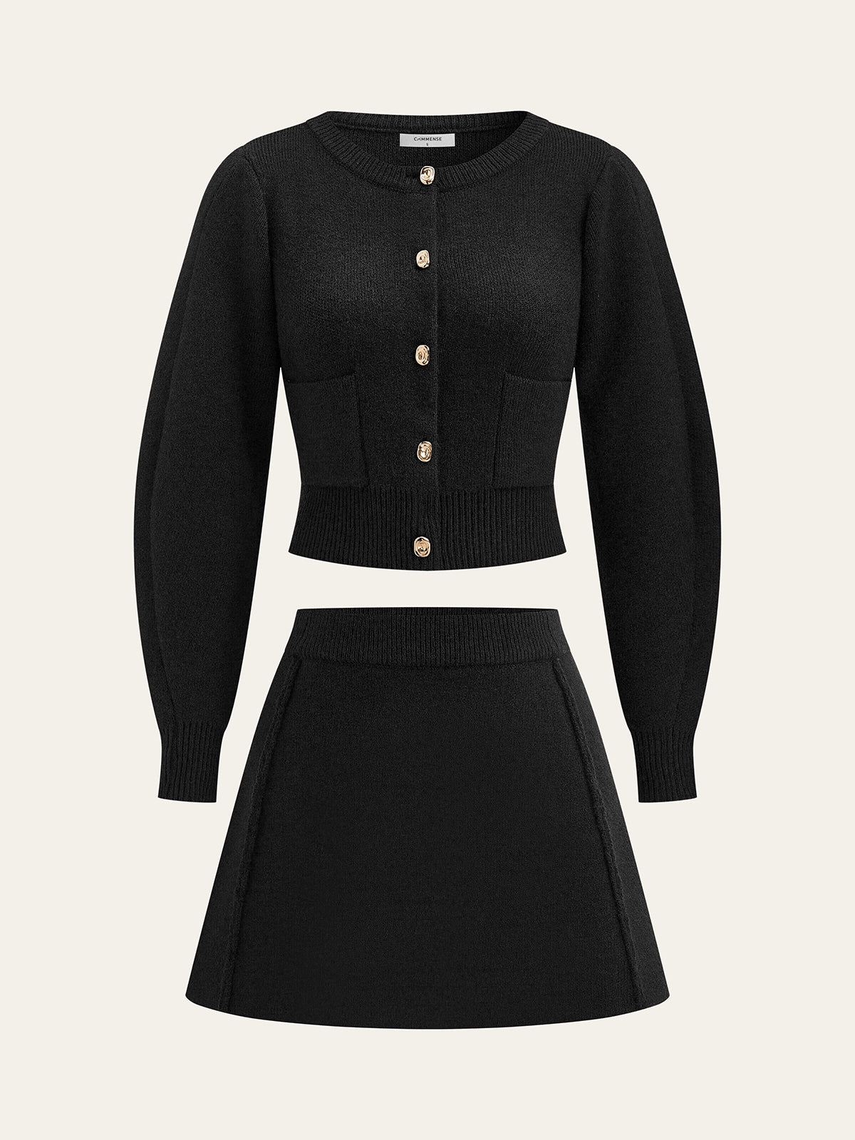 Lamb Sleeve Metal Button Knit Top and Skirt Set, Elegant Fashion Outfit for Women