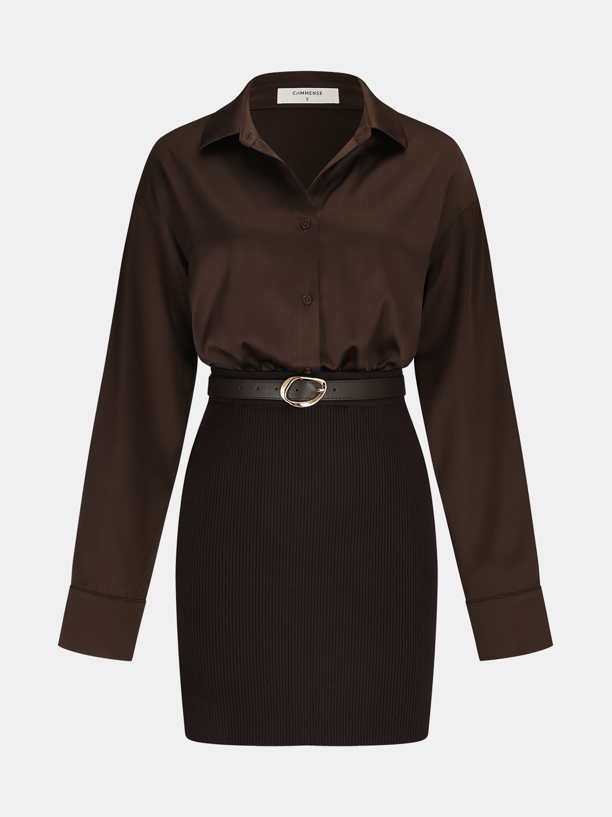 Ribbed Knit Panel Belted Shirt Dress with Waist Tie Detail