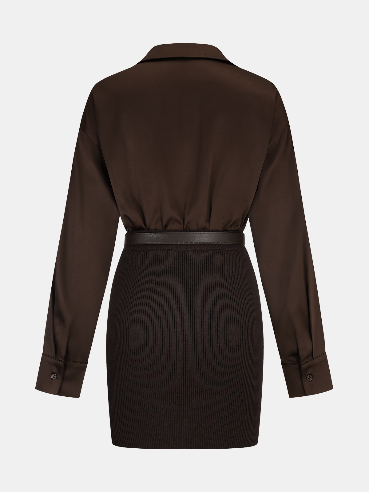 Ribbed Knit Panel Belted Shirt Dress with Waist Tie Detail
