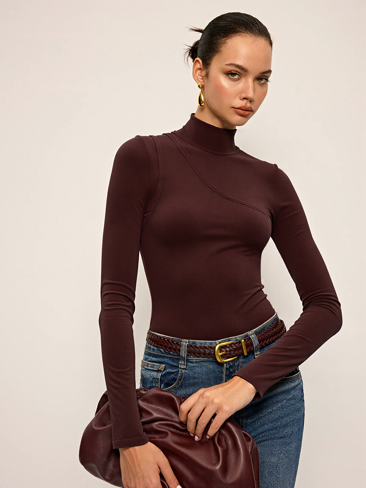 Seam Detail Mock Neck Long-Sleeve T-Shirt for Casual Wear