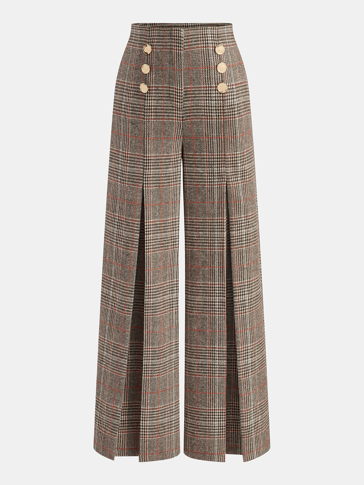 Metal Detail Slit Plaid Wide-Leg Pants with High Waist Fit