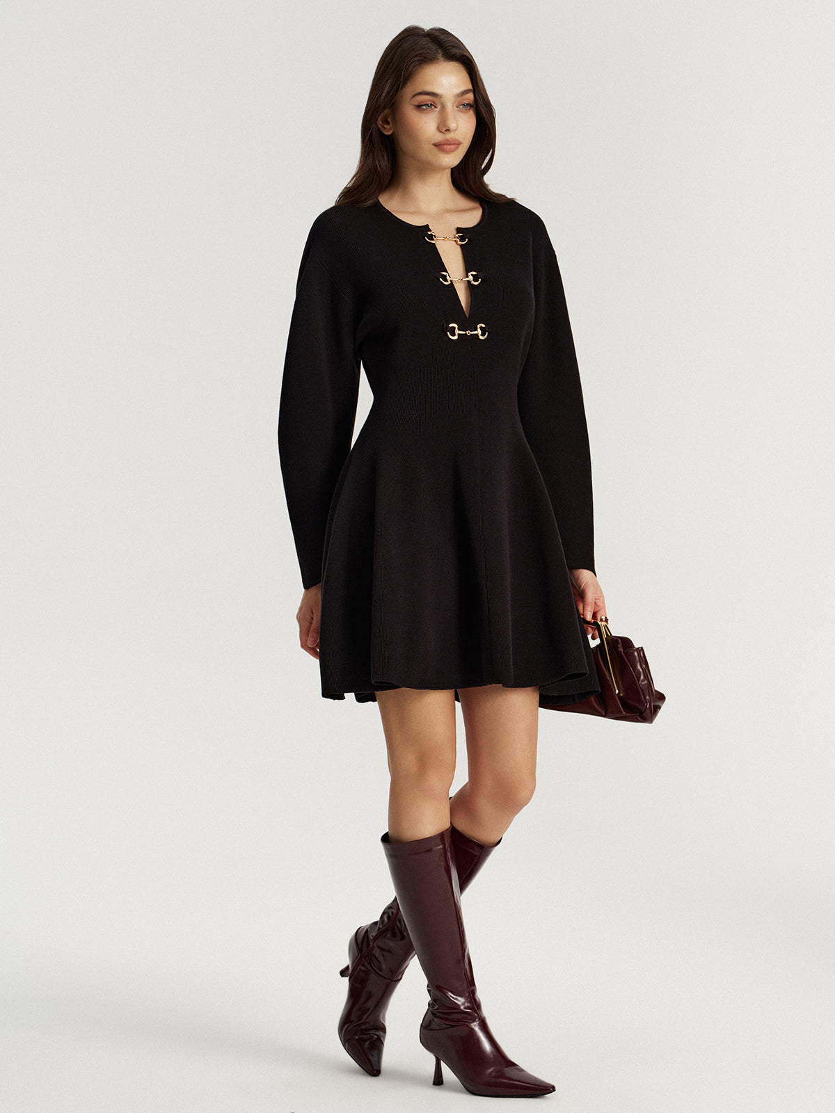 Horsebit Detail Knit Flared Dress with Elegant Long Sleeves