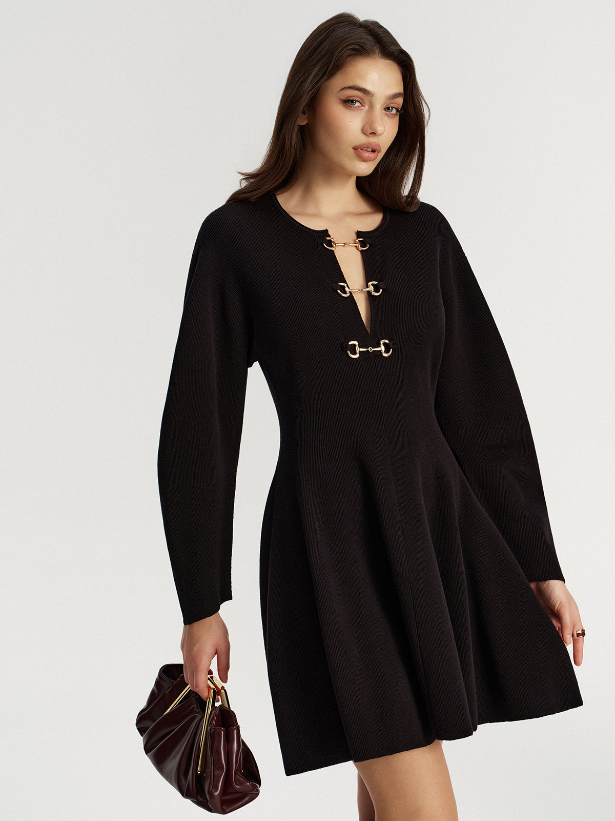 Horsebit Detail Knit Flared Dress with Elegant Long Sleeves