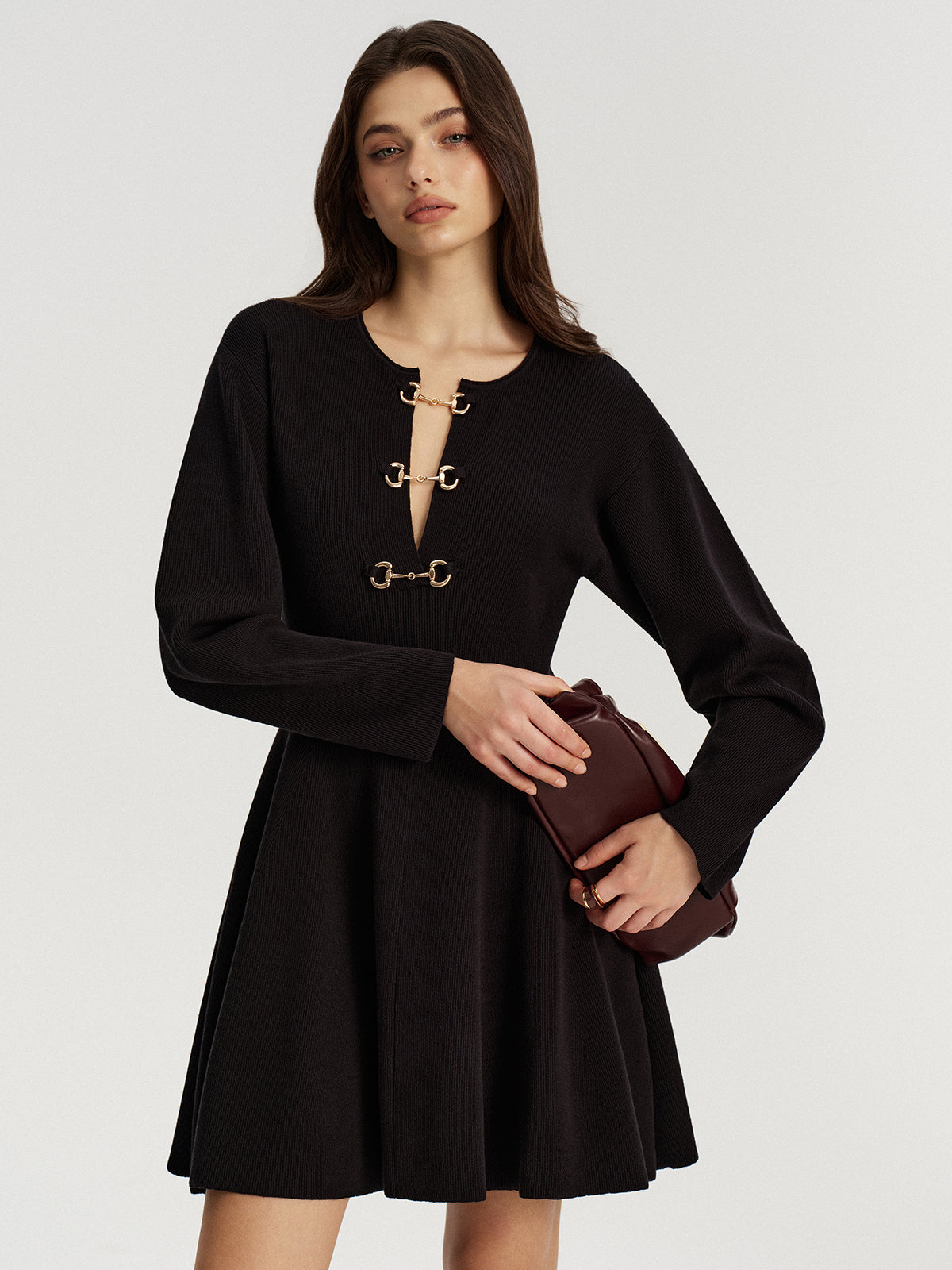 Horsebit Detail Knit Flared Dress with Elegant Long Sleeves