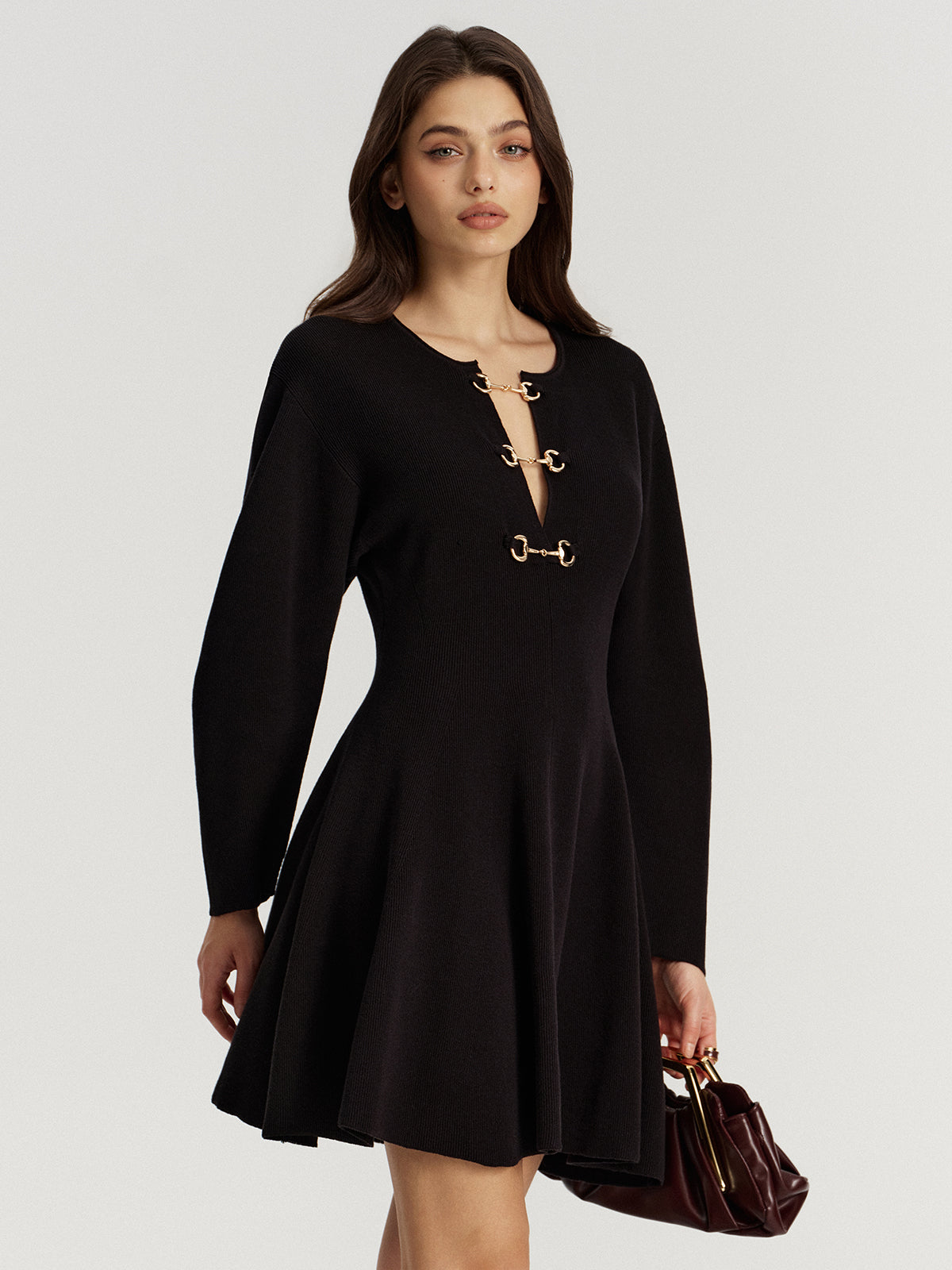 Horsebit Detail Knit Flared Dress with Elegant Long Sleeves
