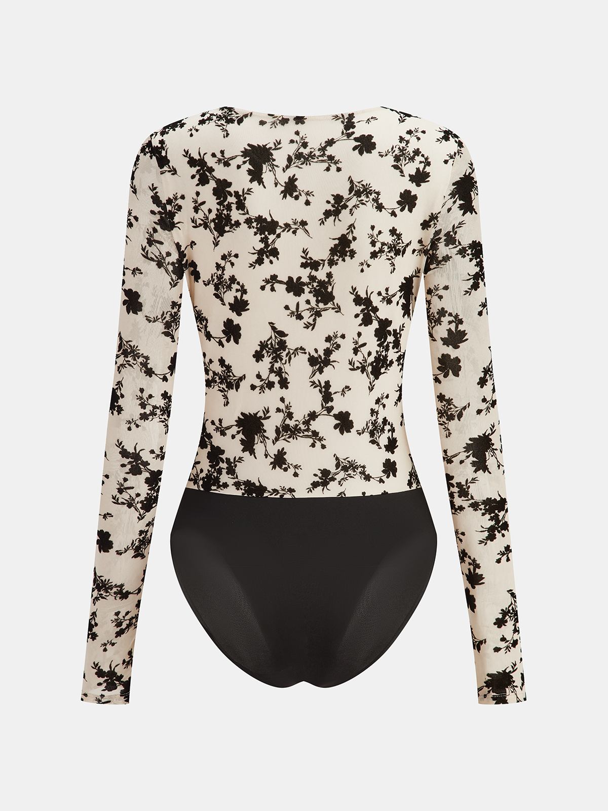Metal Detail Floral Print Bodysuit with Elegant Long Sleeves and V-Neck