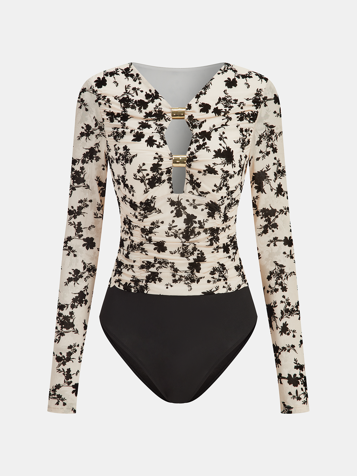 Metal Detail Floral Print Bodysuit with Elegant Long Sleeves and V-Neck