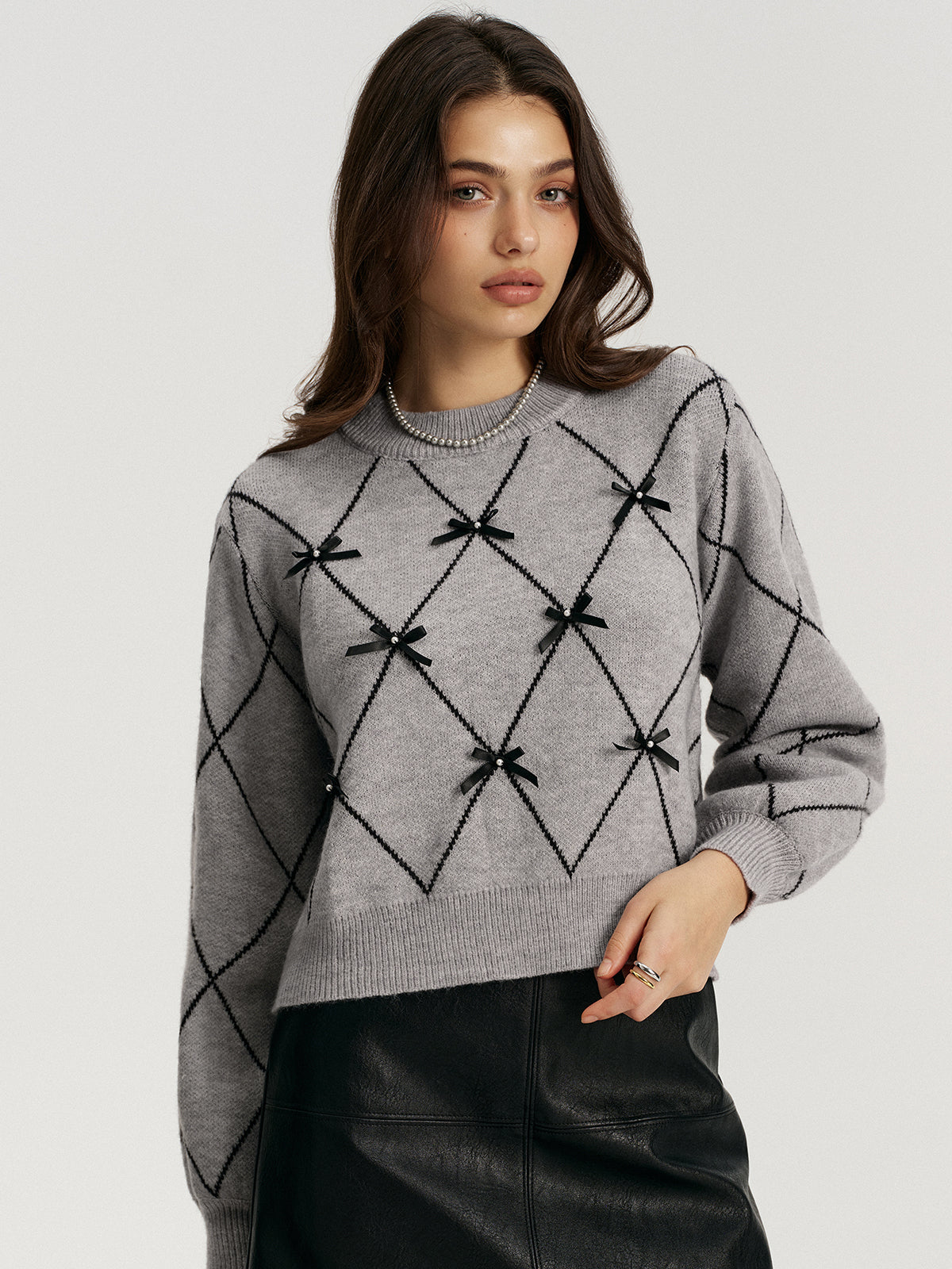 Argyle Bow Detail Sweater Perfect for Fall Layering Style