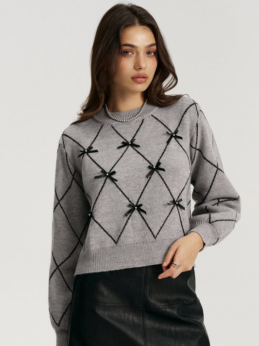 Argyle Bow Detail Sweater Perfect for Fall Layering Style