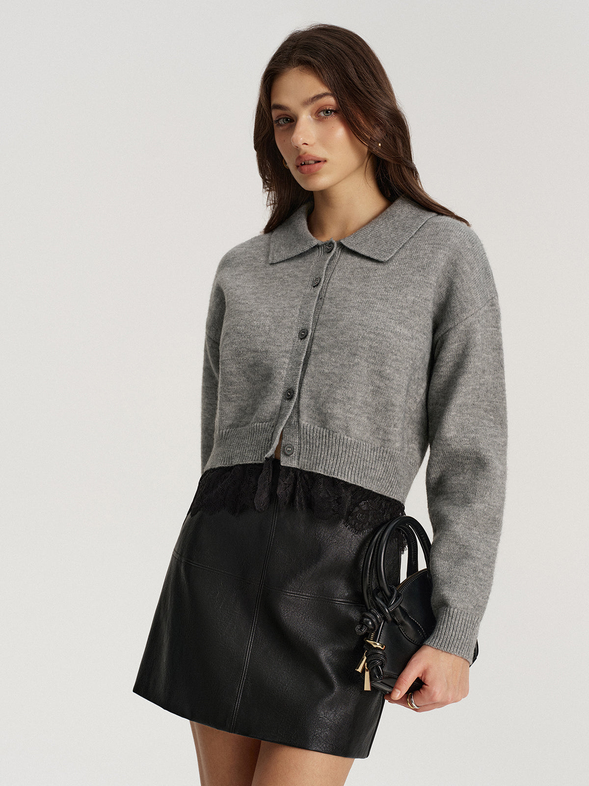 Lace Hem Collared Knit Cardigan for Women Lightweight Comfort