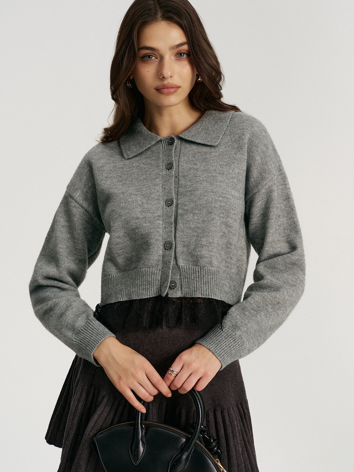 Lace Hem Collared Knit Cardigan for Women Lightweight Comfort