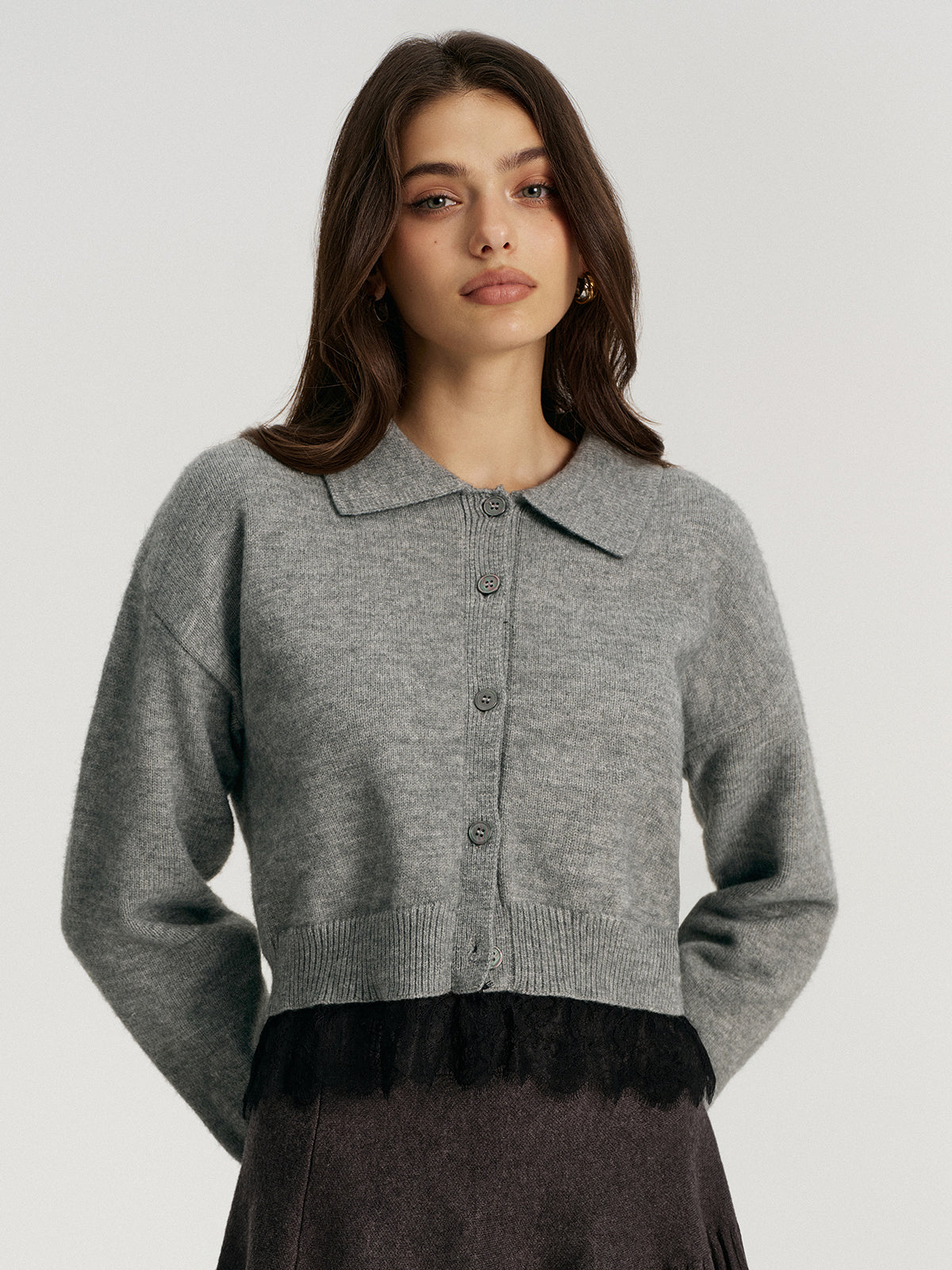 Lace Hem Collared Knit Cardigan for Women Lightweight Comfort