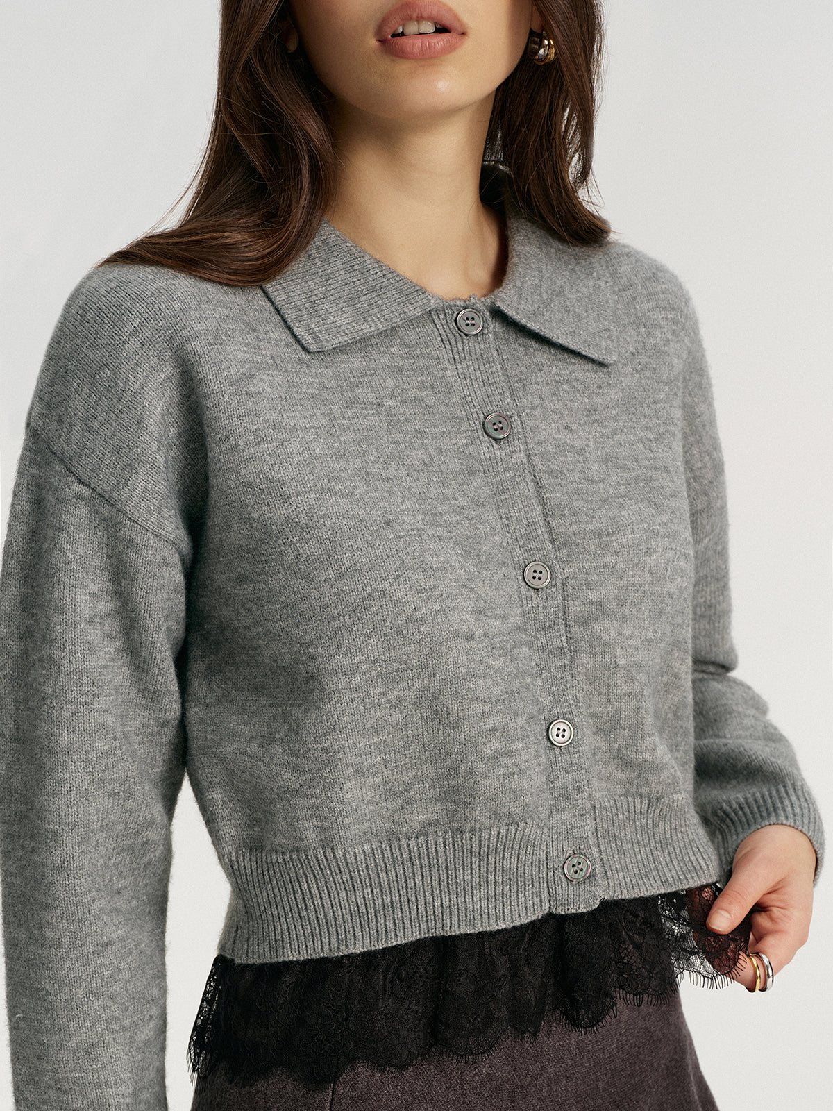 Lace Hem Collared Knit Cardigan for Women Lightweight Comfort