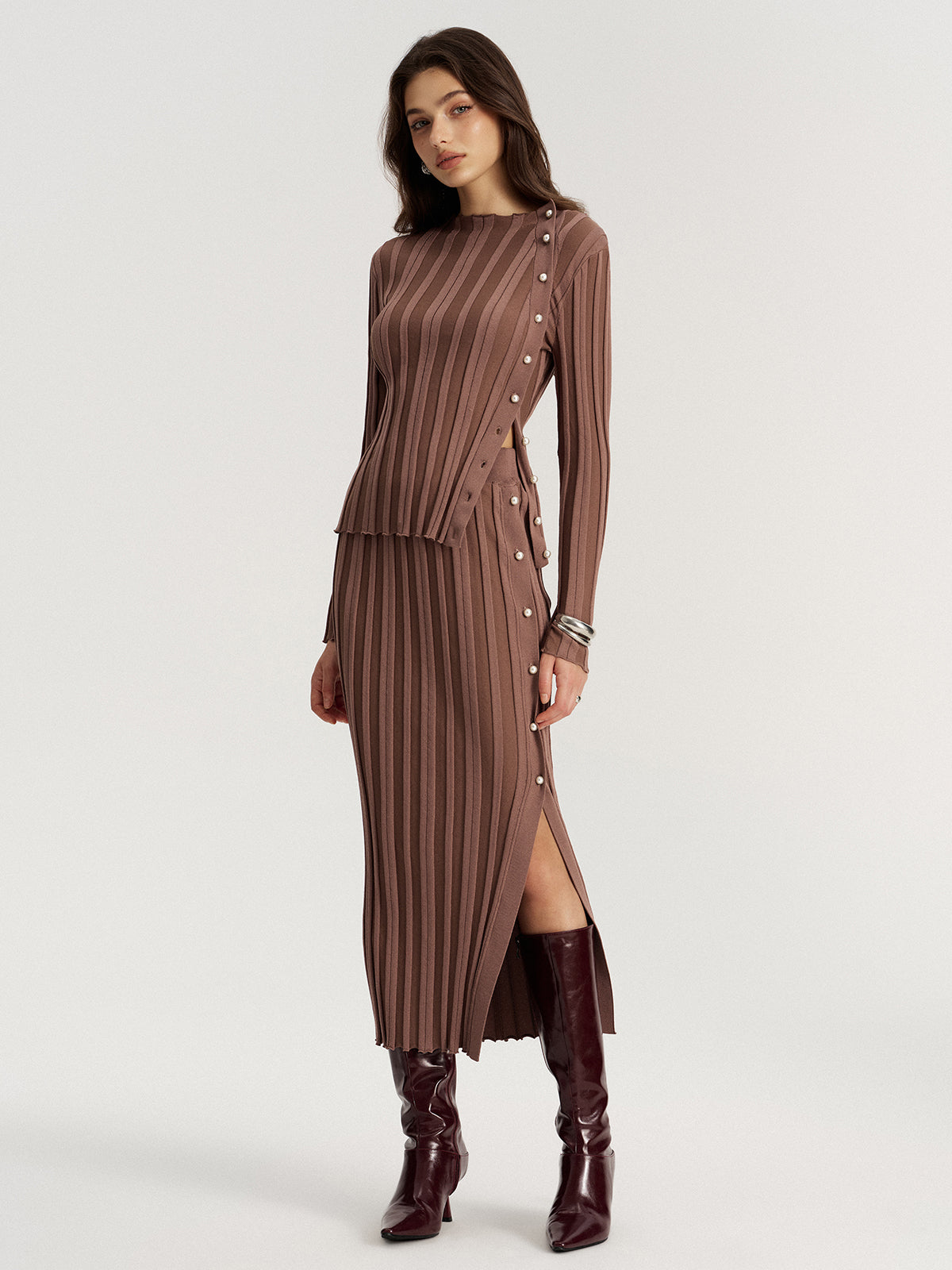 Chic Side Button Knit Top and Midi Skirt Set for Women