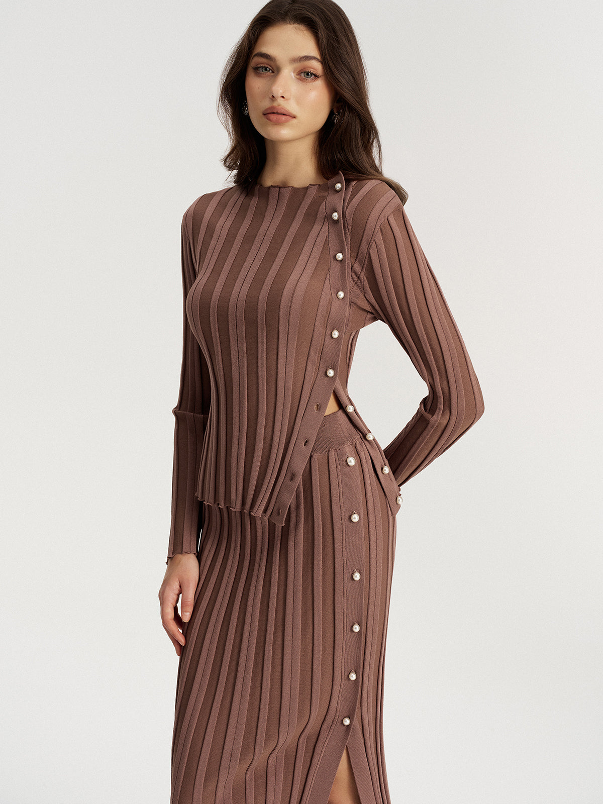 Chic Side Button Knit Top and Midi Skirt Set for Women