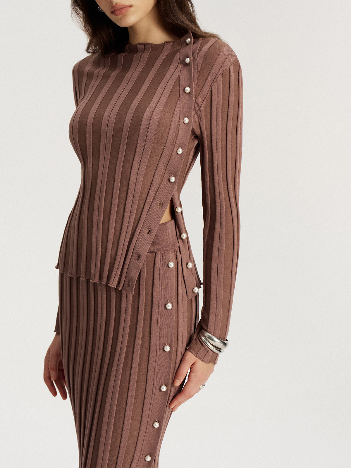 Chic Side Button Knit Top and Midi Skirt Set for Women