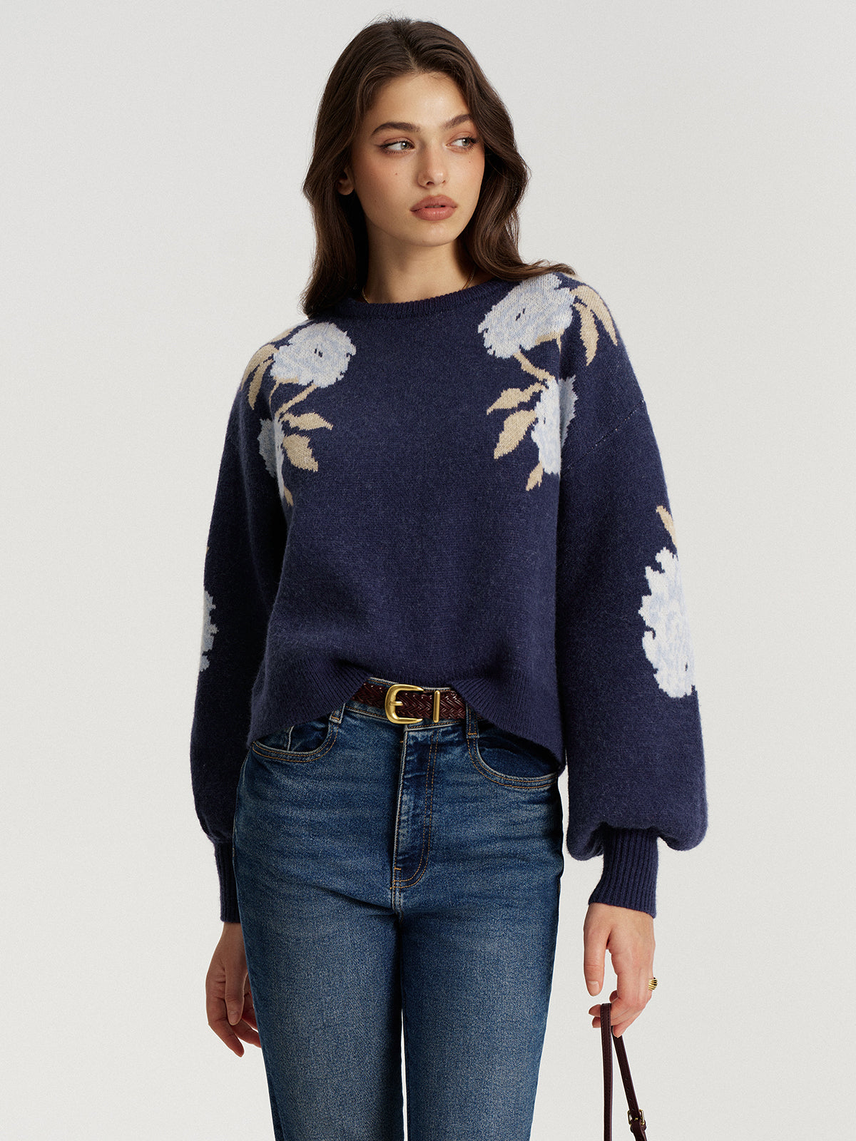 Floral Jacquard Balloon Sleeve Knit Top for Women Spring Fashion