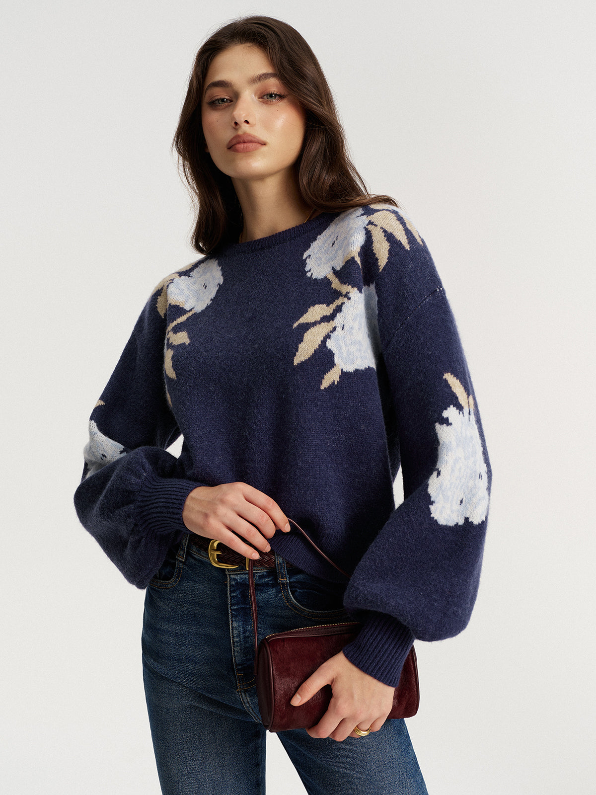 Floral Jacquard Balloon Sleeve Knit Top for Women Spring Fashion