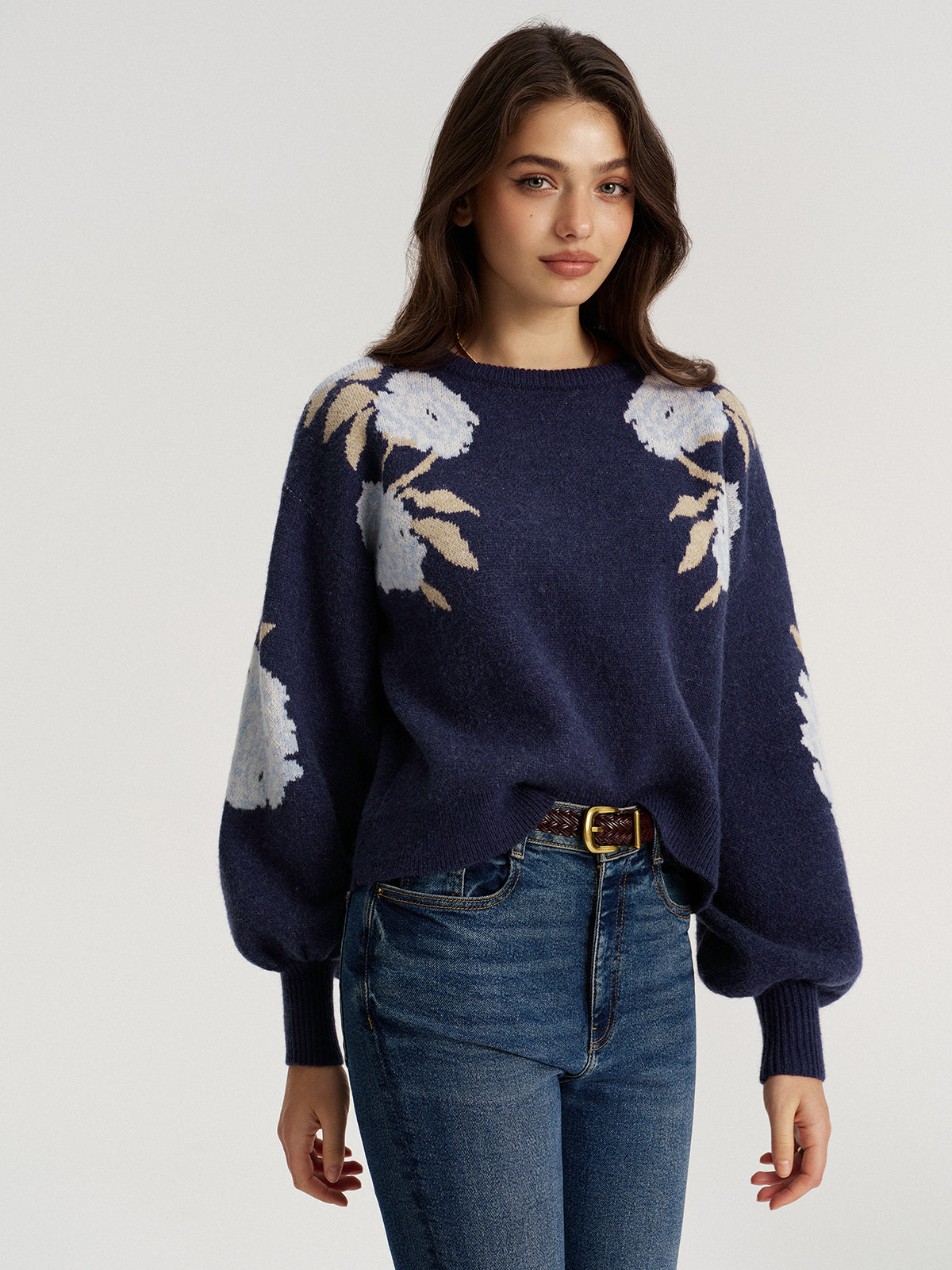 Floral Jacquard Balloon Sleeve Knit Top for Women Spring Fashion