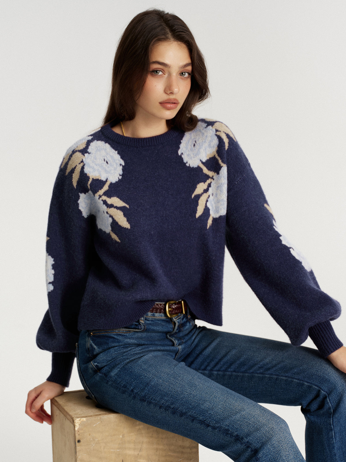 Floral Jacquard Balloon Sleeve Knit Top for Women Spring Fashion