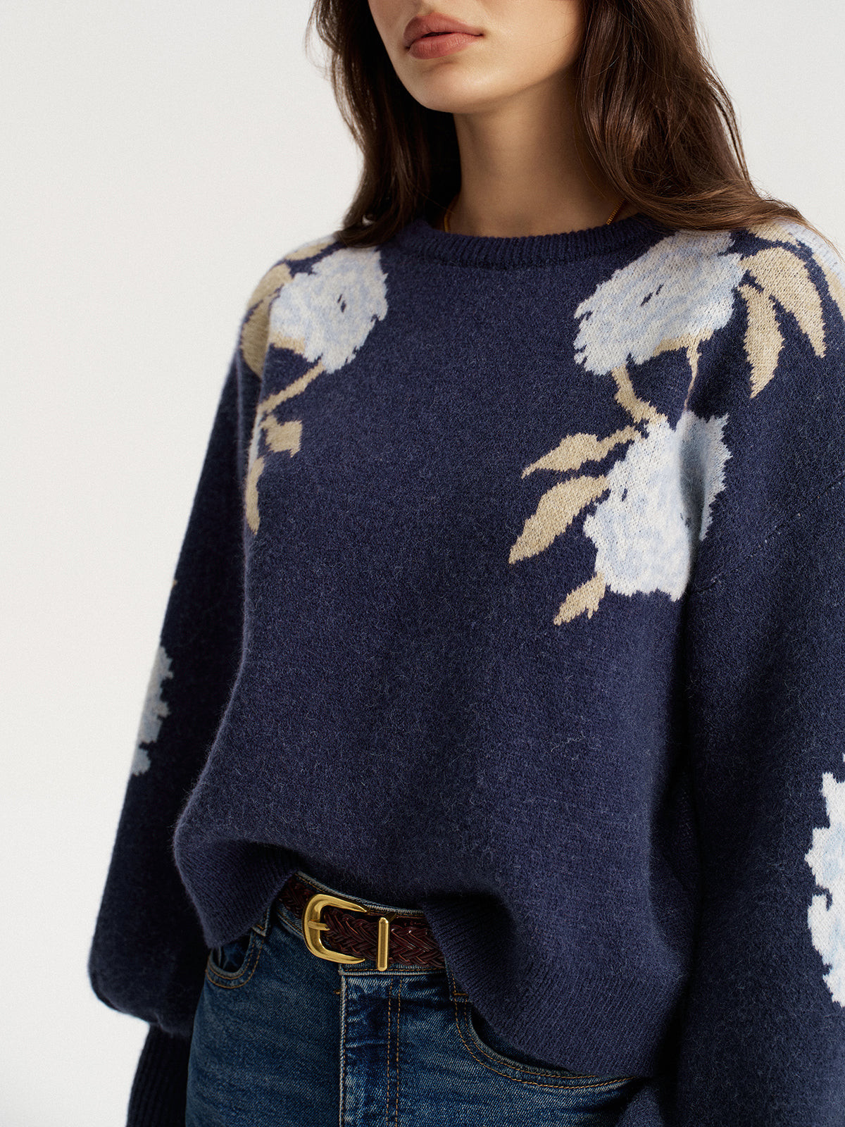 Floral Jacquard Balloon Sleeve Knit Top for Women Spring Fashion