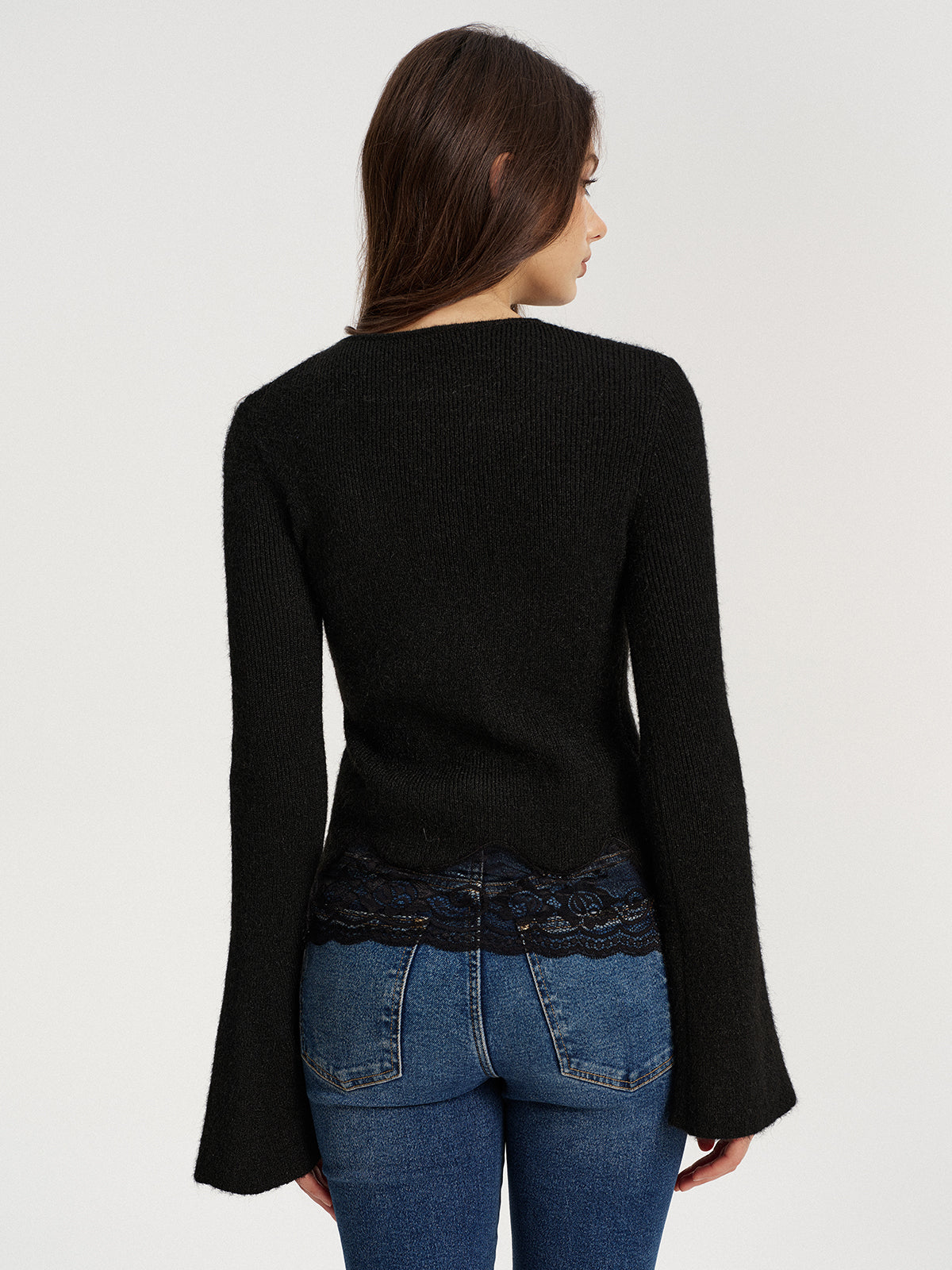 Lace Hem Ribbed Knit Top for Women, Casual Long Sleeve Pullover