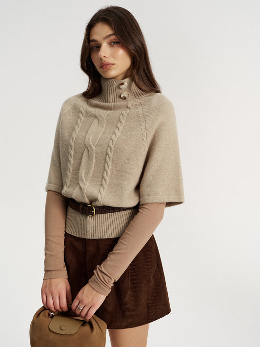 Turtleneck Cable Knit Short Sleeve Sweater without Belt, Cozy Lightweight Top for Women