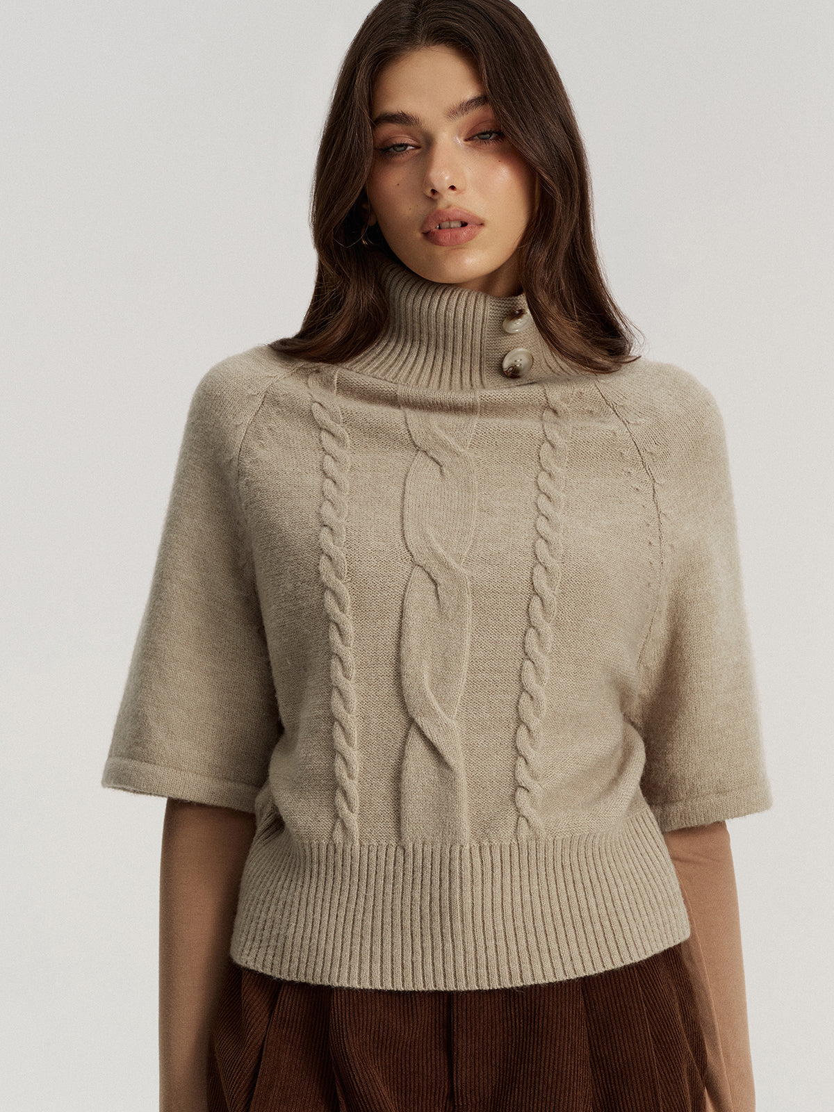 Turtleneck Cable Knit Short Sleeve Sweater without Belt, Cozy Lightweight Top for Women