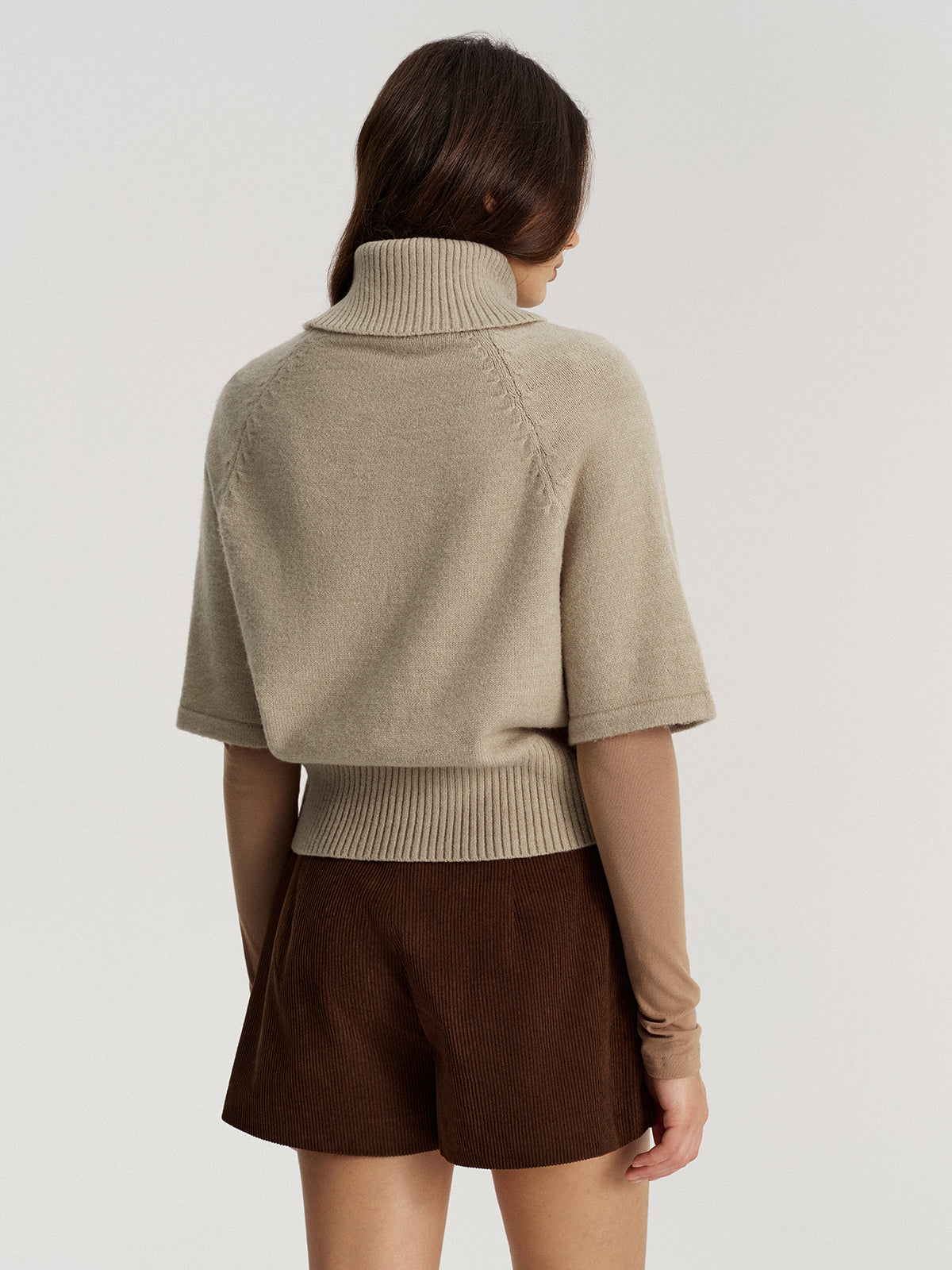 Turtleneck Cable Knit Short Sleeve Sweater without Belt, Cozy Lightweight Top for Women