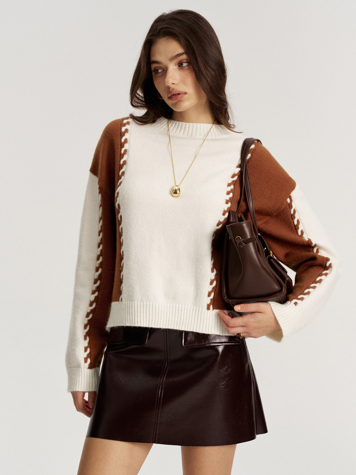 Braided Trim Two-Tone Sweater - Casual Stylish Knitwear for Women