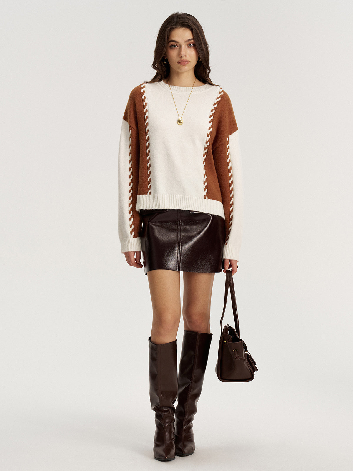 Braided Trim Two-Tone Sweater - Casual Stylish Knitwear for Women