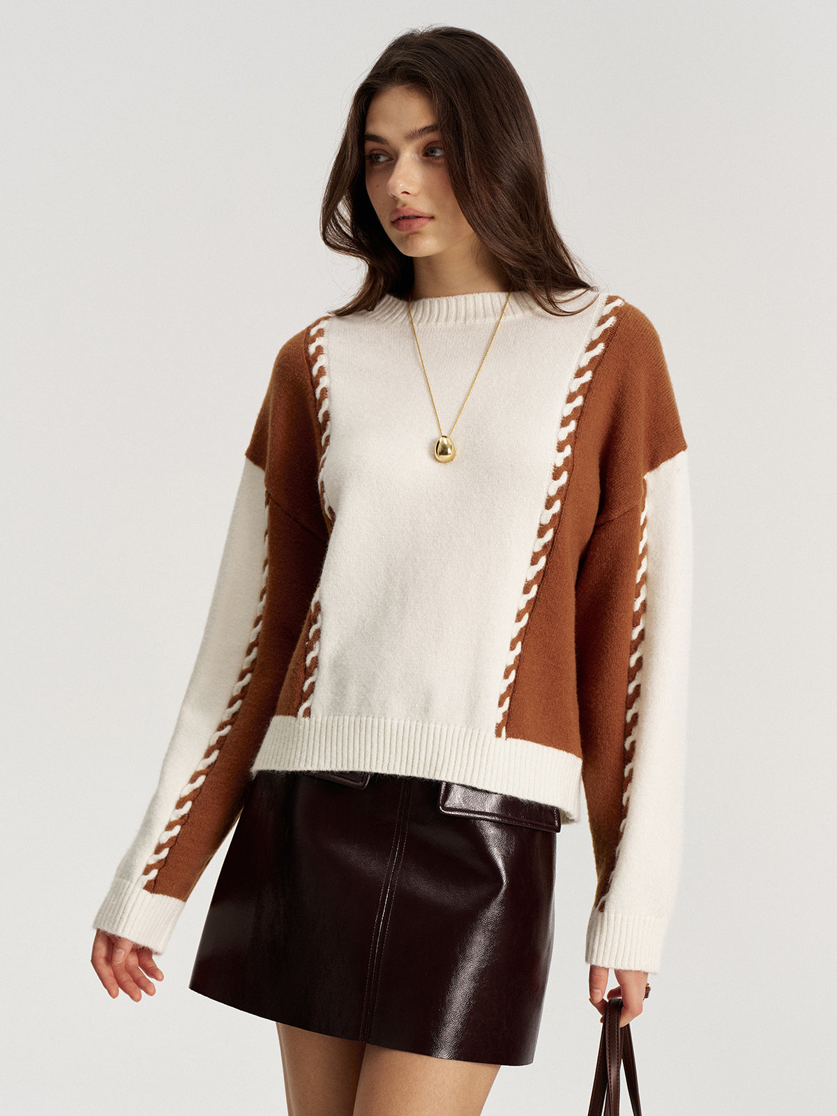 Braided Trim Two-Tone Sweater - Casual Stylish Knitwear for Women