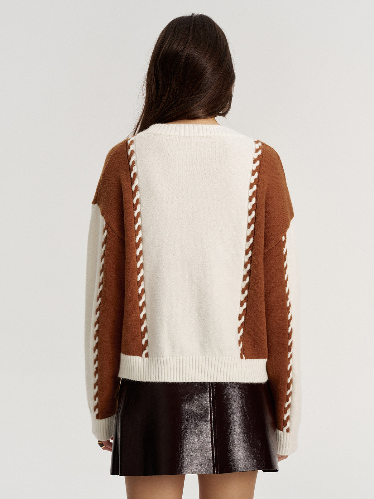 Braided Trim Two-Tone Sweater - Casual Stylish Knitwear for Women