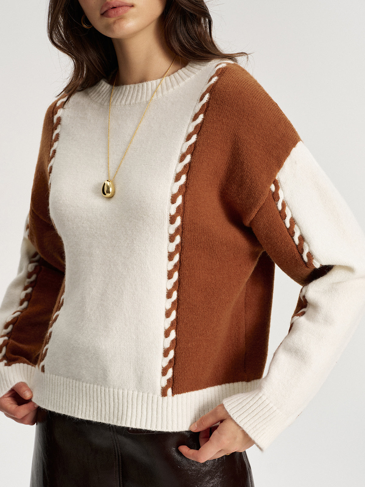 Braided Trim Two-Tone Sweater - Casual Stylish Knitwear for Women