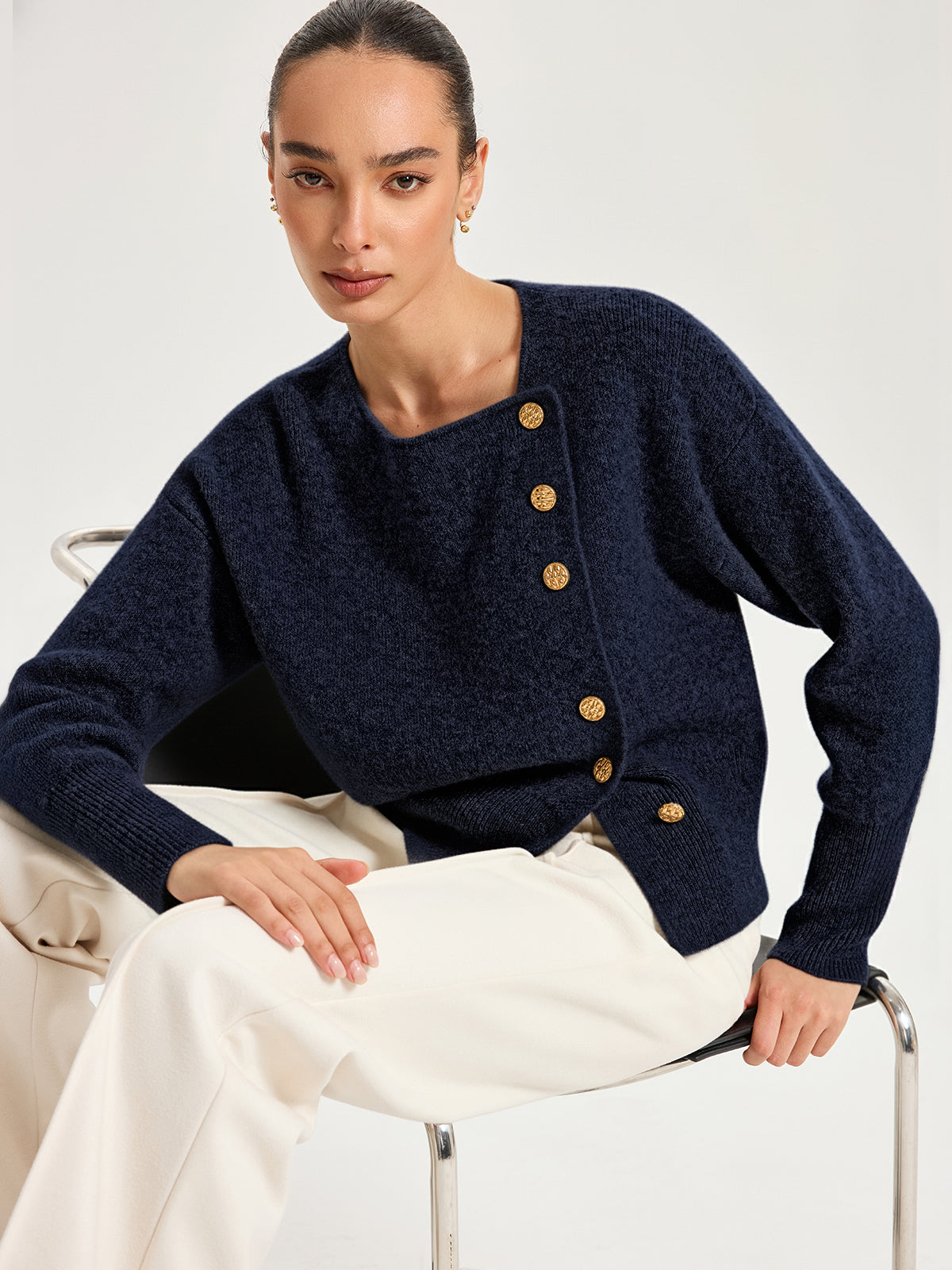 Asymmetric Metal Button Wool-Blend Cardigan for Women