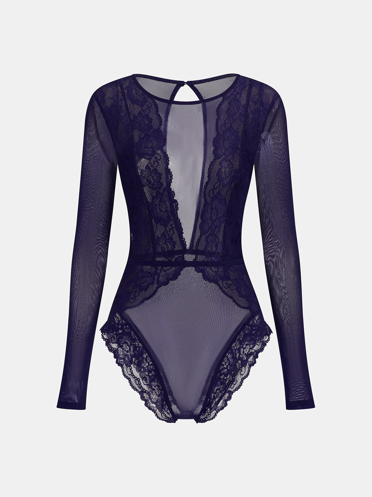 Long Sleeve Sheer Lace Mesh Bodysuit with Elegant High Neck Design