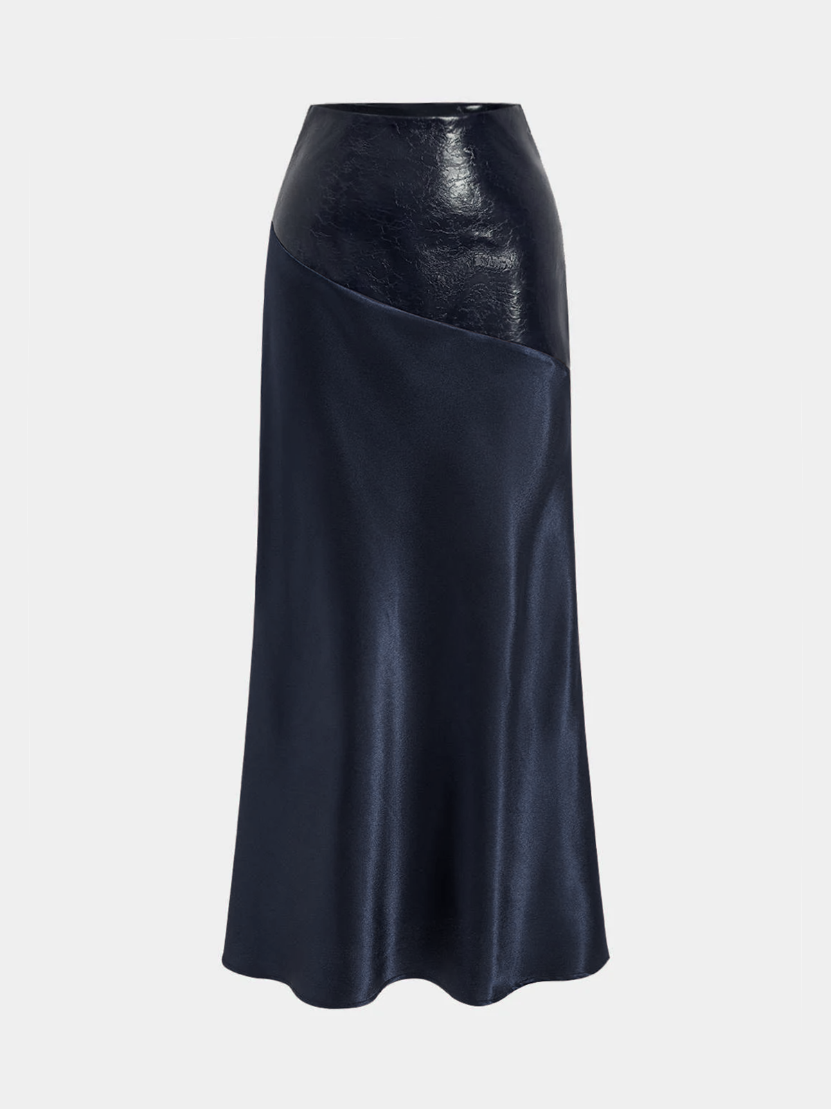 Faux Leather Panel Asymmetric Satin Maxi Skirt for Women's Evening Wear