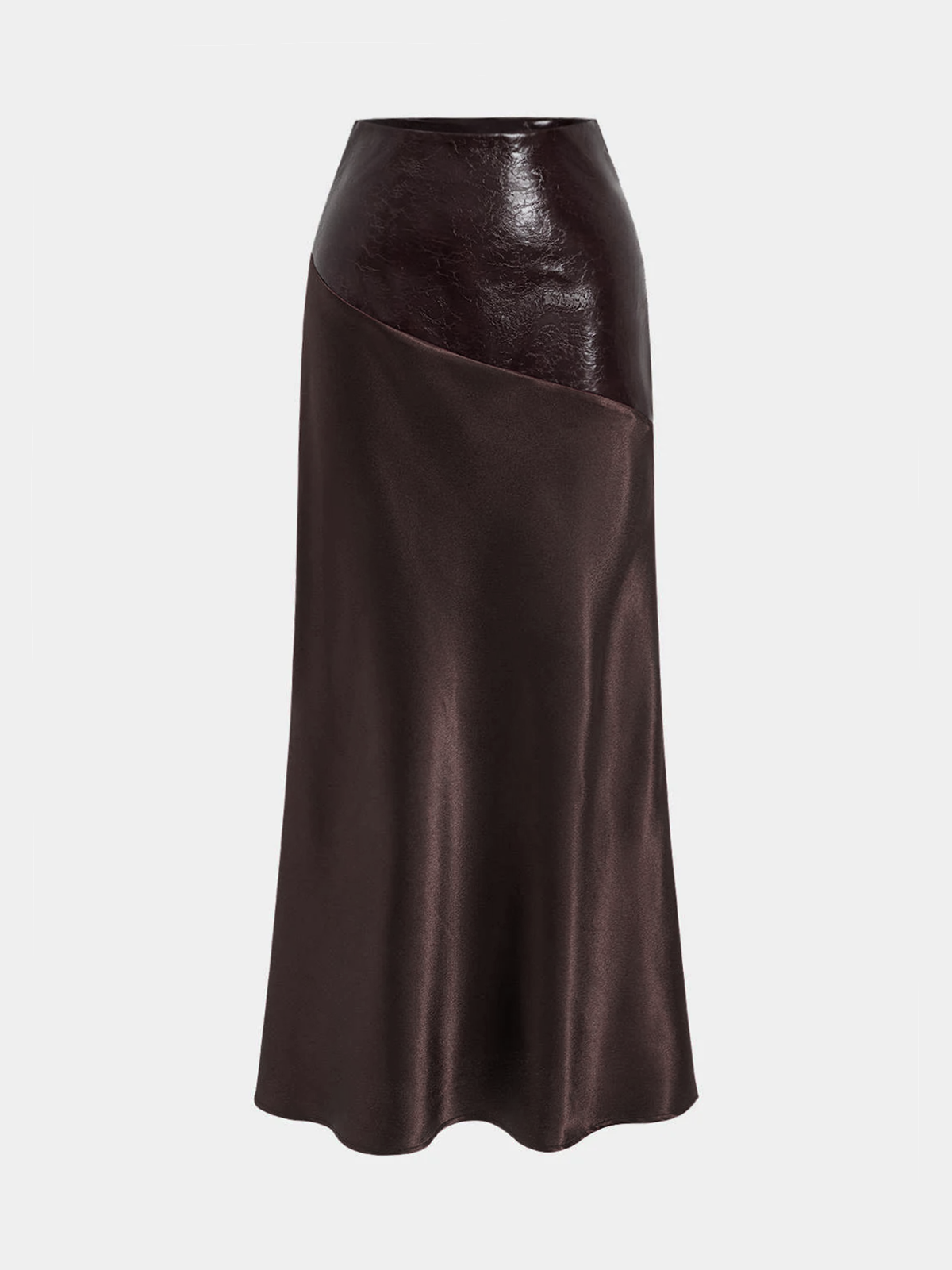Faux Leather Panel Asymmetric Satin Maxi Skirt for Women's Evening Wear