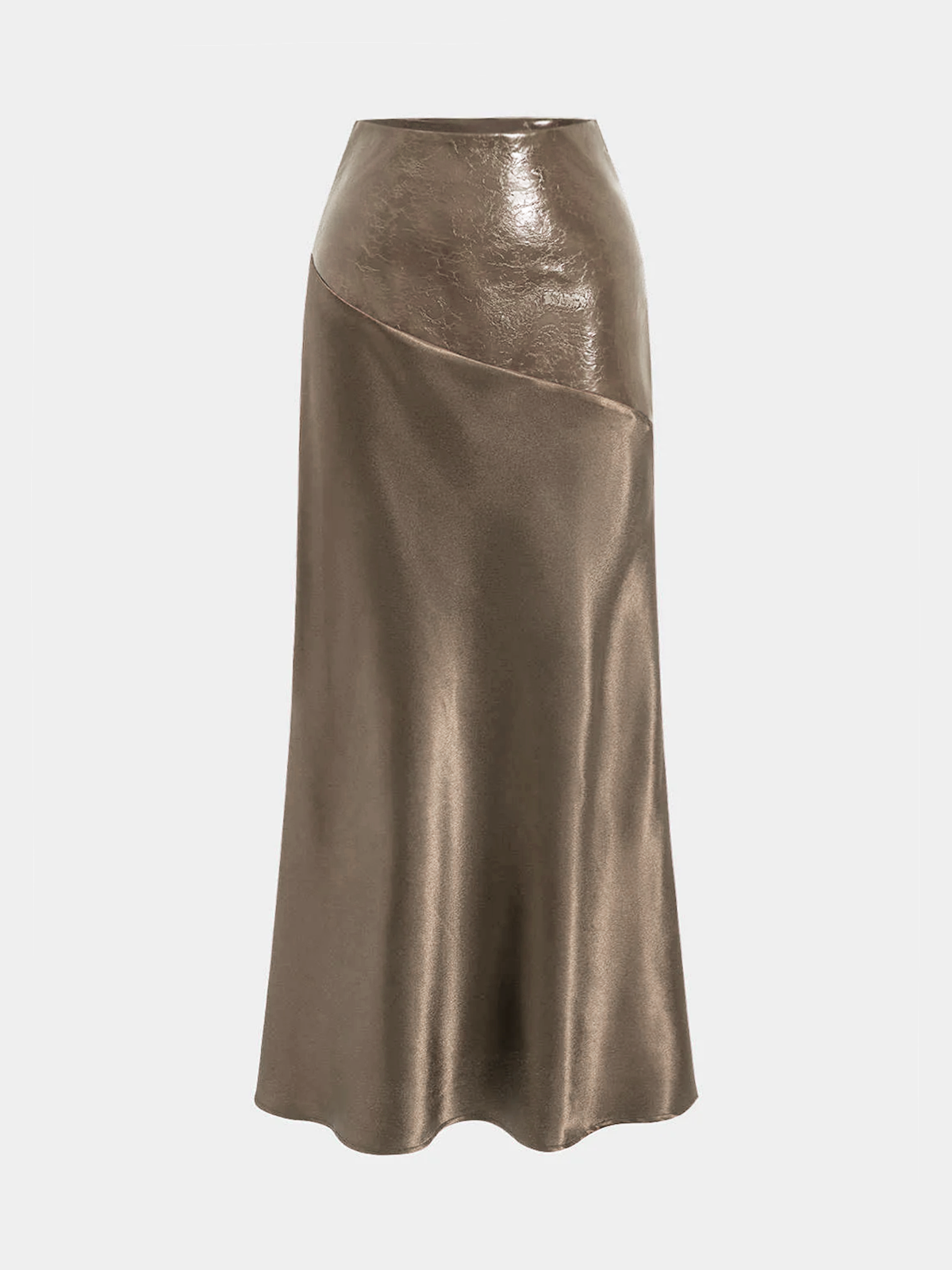 Faux Leather Panel Asymmetric Satin Maxi Skirt for Women's Evening Wear