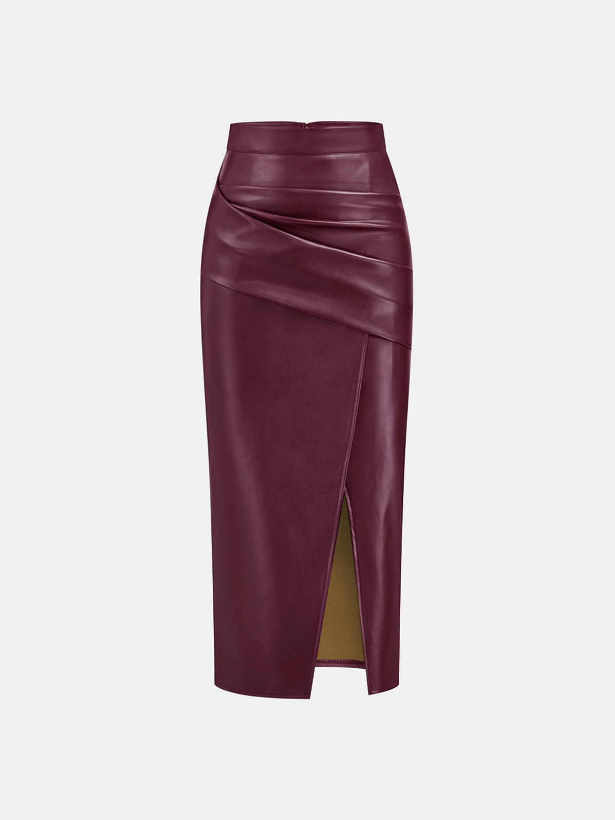 Ruched Slit PU Leather Midi Skirt High Waist Fashionable Style