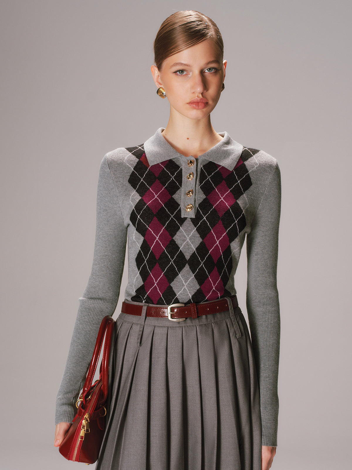 Argyle Wool-Blend Polo Knit Top for Casual Wear