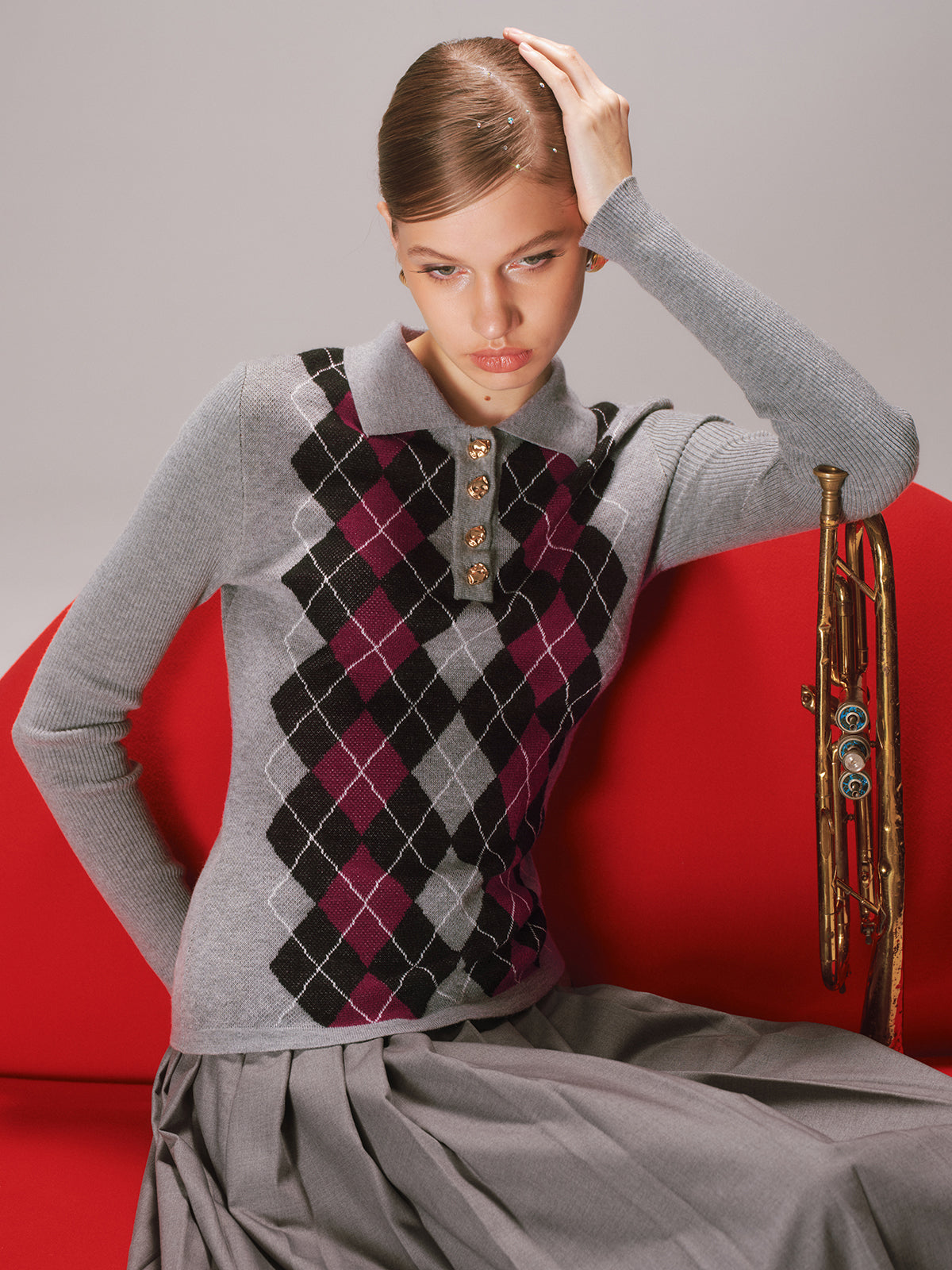 Argyle Wool-Blend Polo Knit Top for Casual Wear