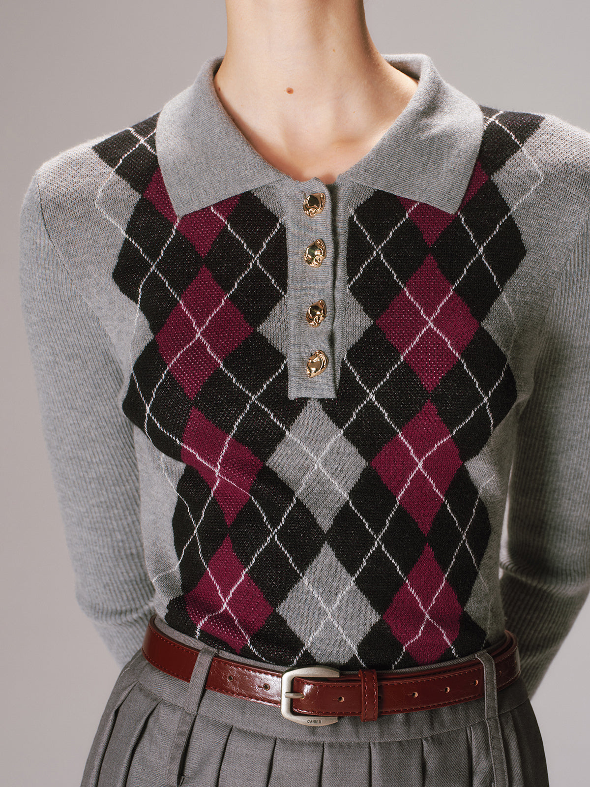 Argyle Wool-Blend Polo Knit Top for Casual Wear