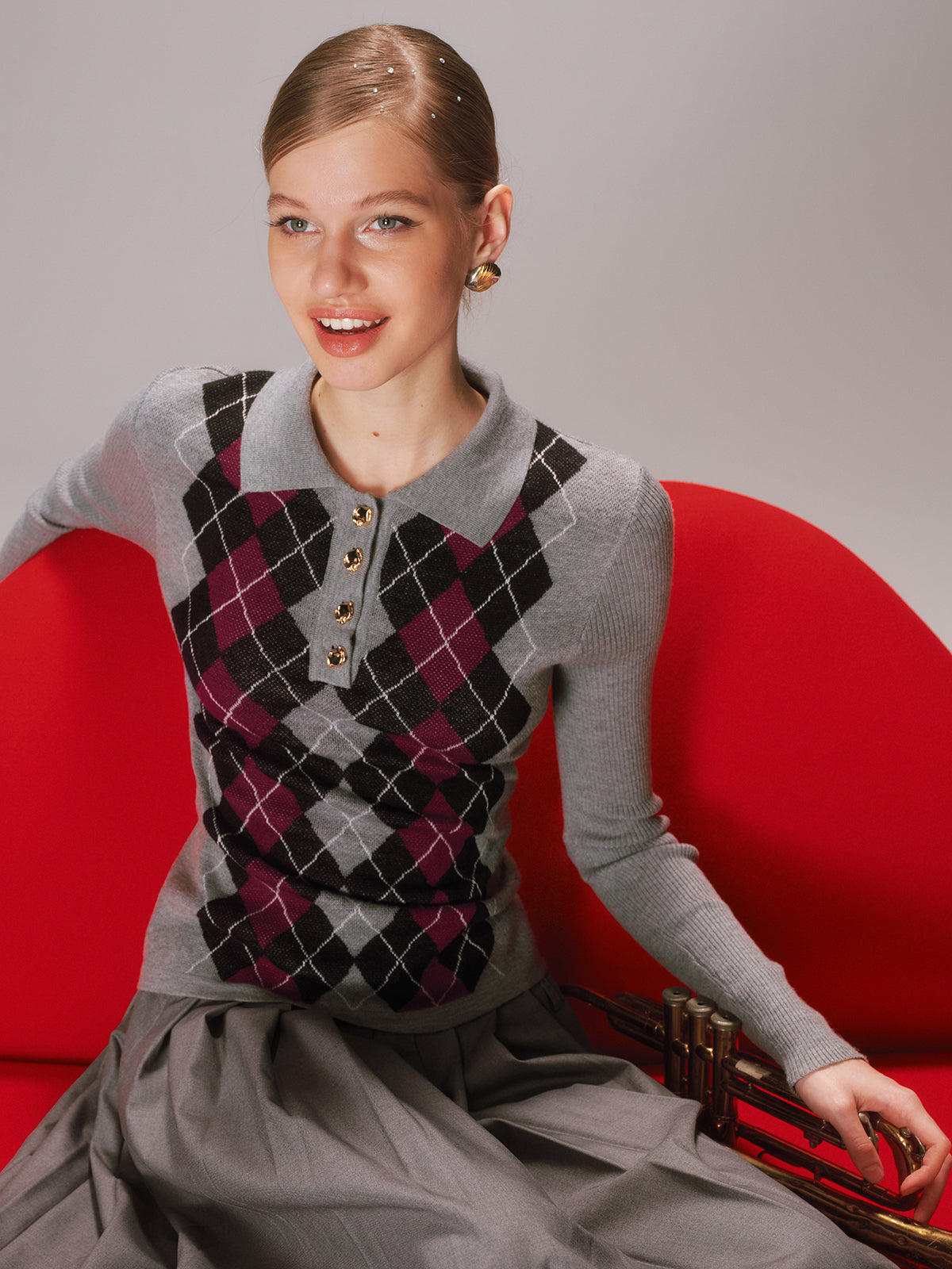 Argyle Wool-Blend Polo Knit Top for Casual Wear