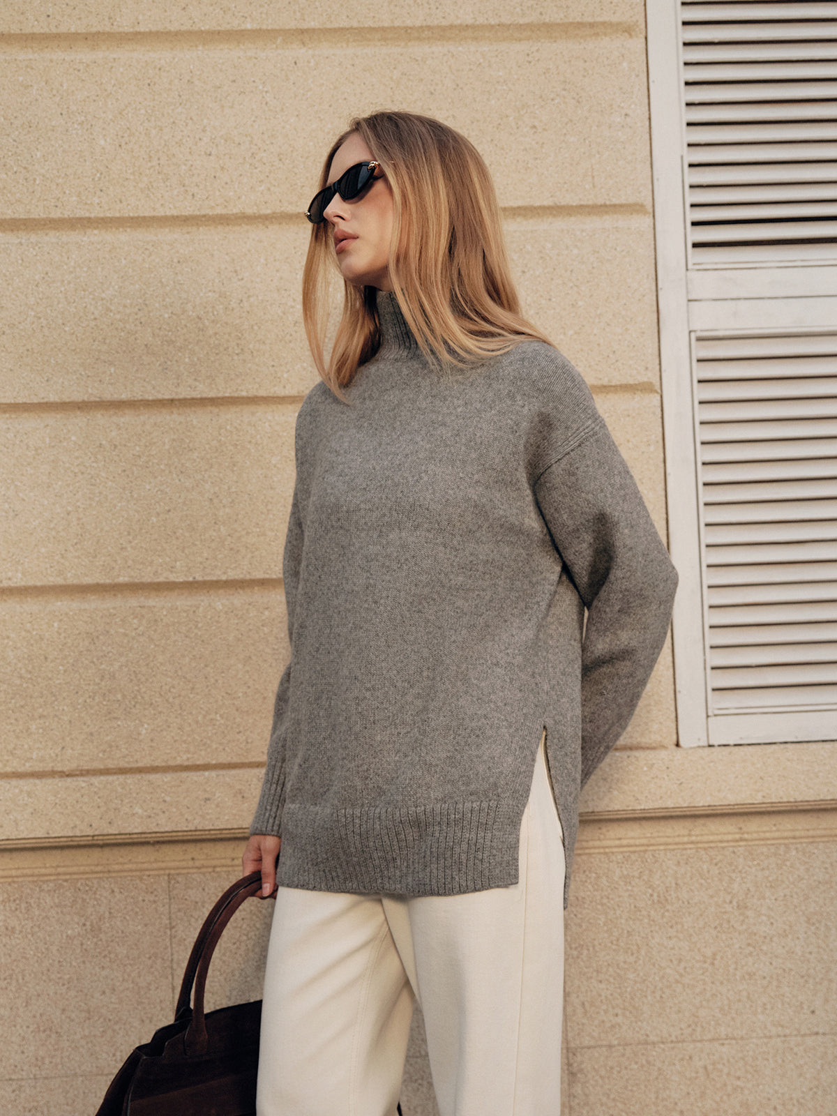Wool Blend Turtleneck Side Slit Sweater for Winter Comfort
