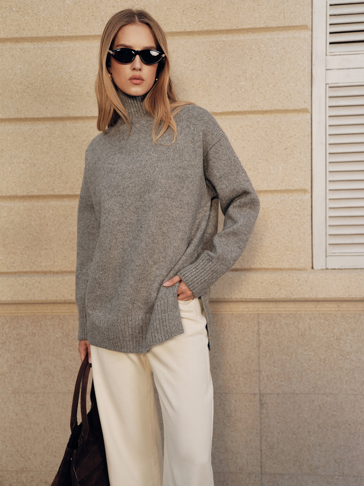 Wool Blend Turtleneck Side Slit Sweater for Winter Comfort