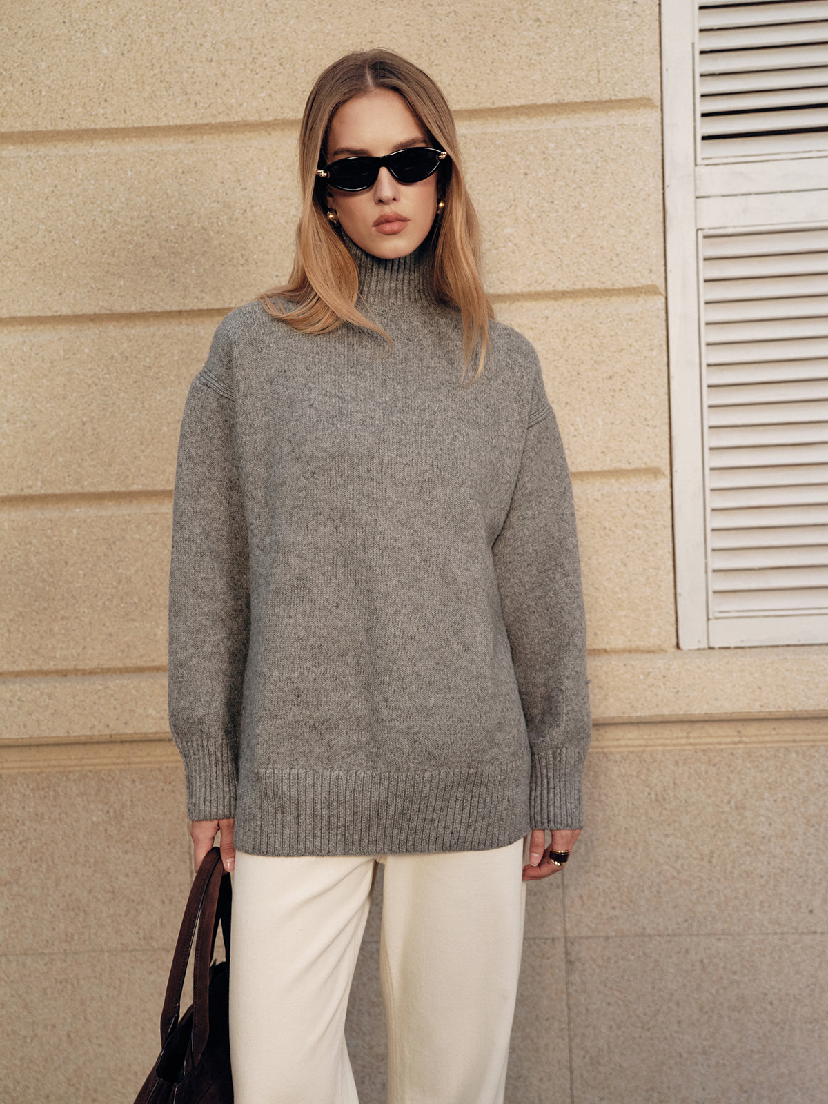 Wool Blend Turtleneck Side Slit Sweater for Winter Comfort