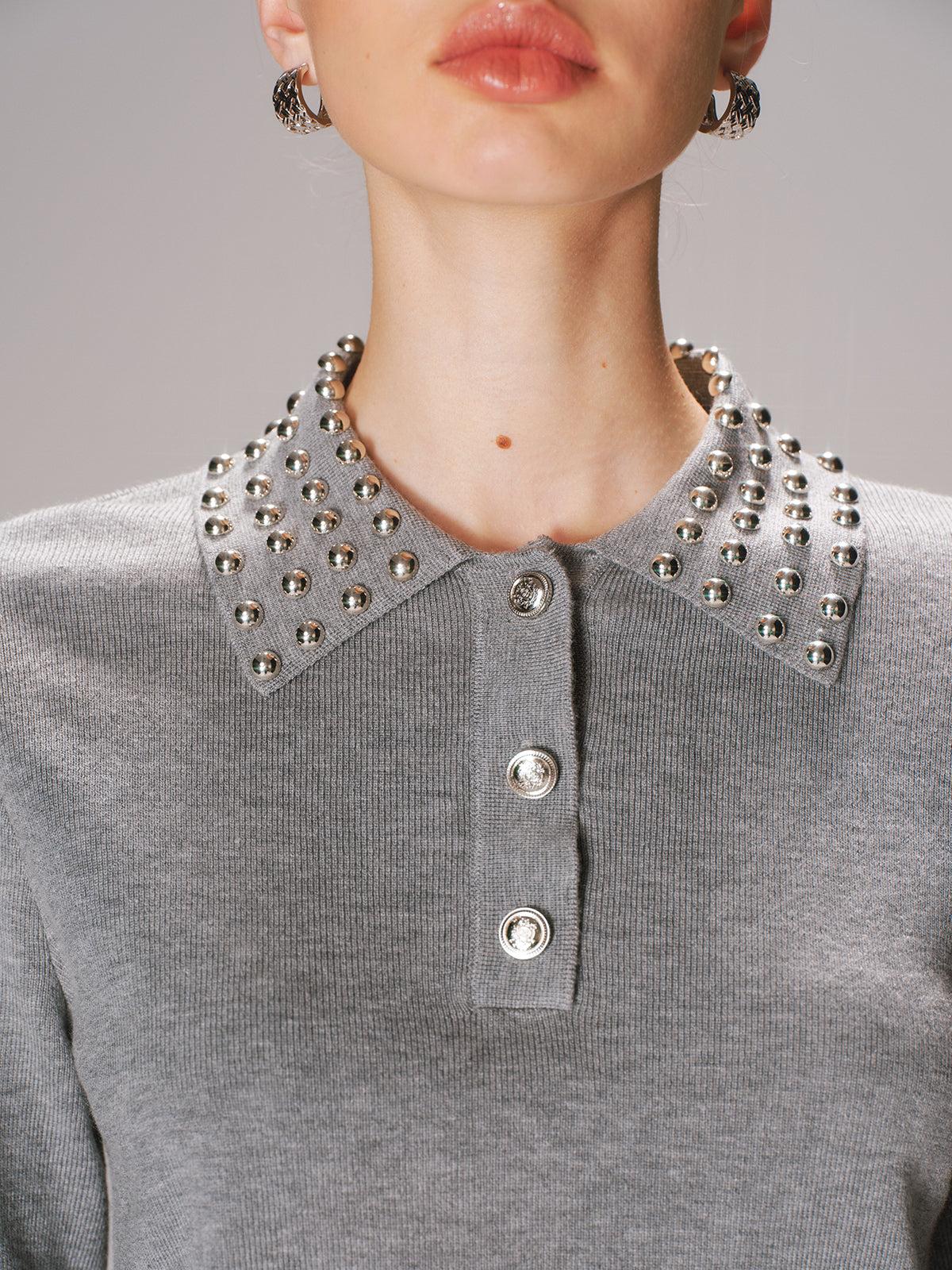 Studded Collar Wool-Blend Knit Polo Sweater for Men Winter Fashion